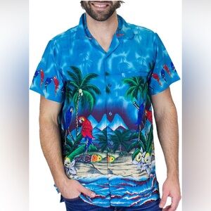 V.H.O.  Men’s Hawaiian Medium Shirt Palm Trees Parrots Button‎ Up